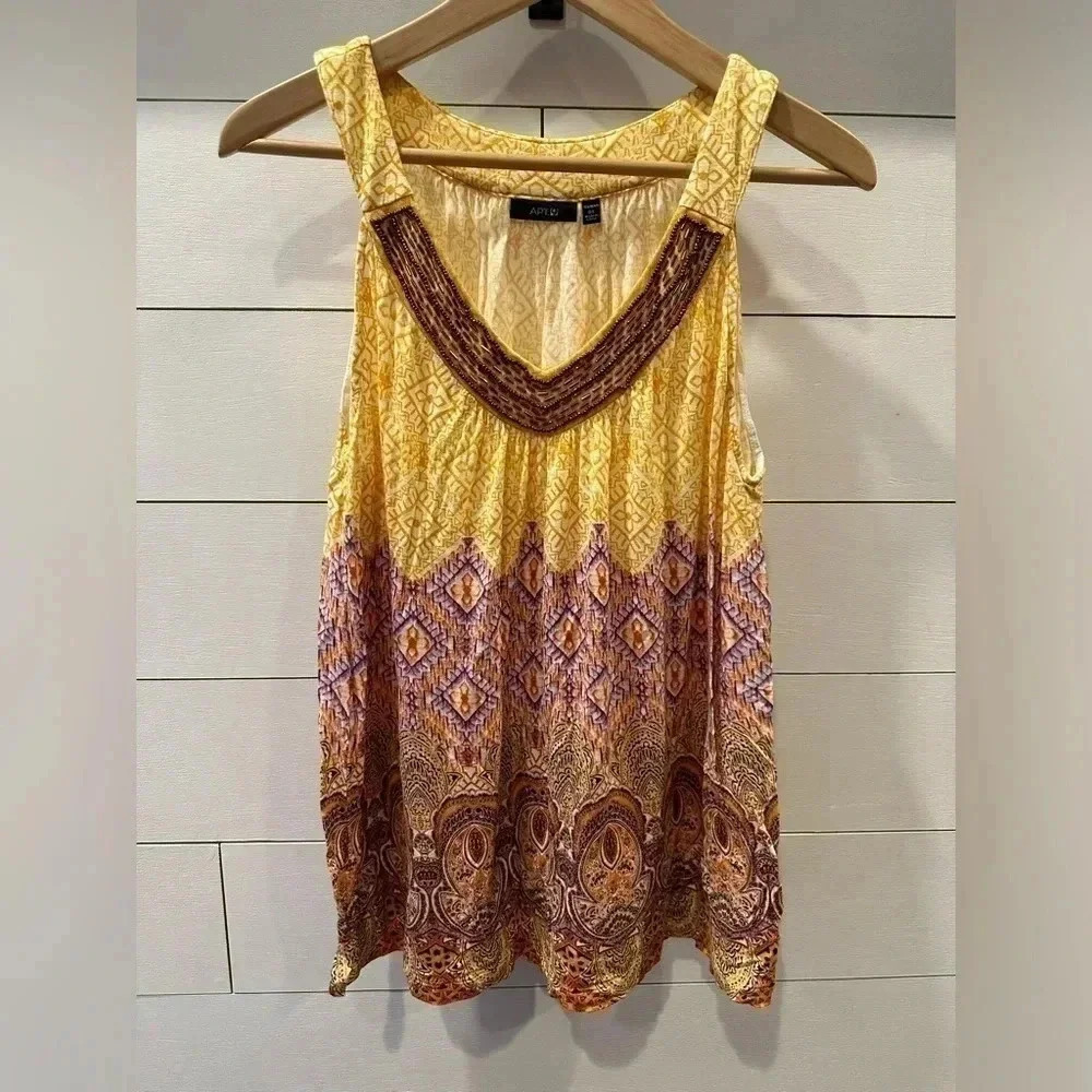 Apt 9 Boho Geometric V-neck Beaded Tank- size 0x